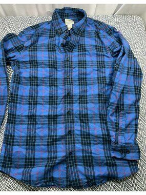 VTG L.L. Bean Mens Slightly Fitted M-Tall Plaid Flannel Button-Down Shirt Blue &